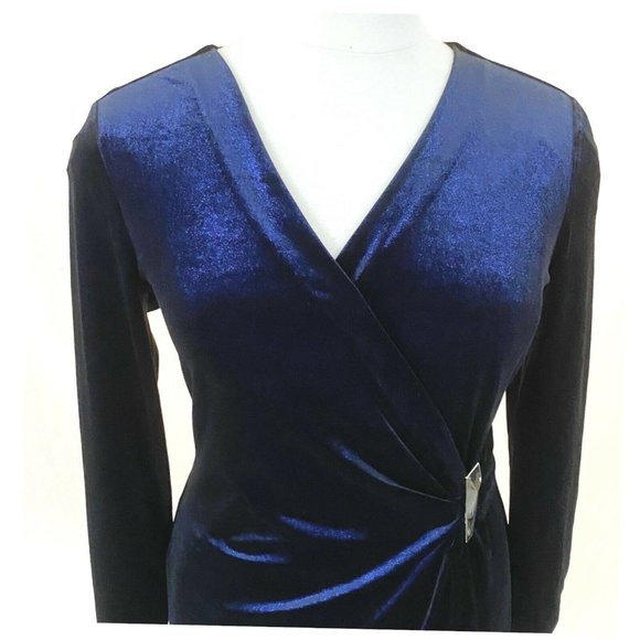 Calvin Klein Shimmery Sapphire Velvet Faux Wrap Side Gold Buckle Dress - Picture 4 of 9